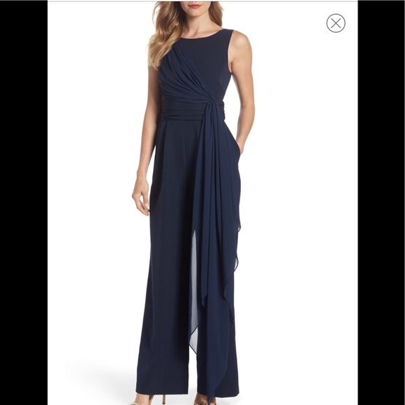 eliza j cascading tie jumpsuit navy